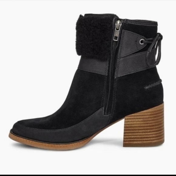 Ugg Kirke Suede Brushed Leather Shearling Stacked Heel Bootie Black Size 9 #458 - Picture 5 of 14